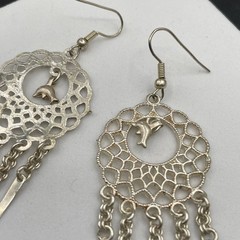 Vintage Silver-Tone Spike Tassel Dolphin Dangle Chandelier French Wire Earrings