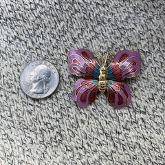 Vintage Butterfly Brooch Cloisone 3D Enamel Pink Lepidoptra 80s Gift Gold Tone