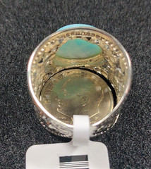 Round Cabochon Larimar Sterling Silver Wide Floral Band Ring & Original Package