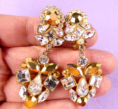 NICE Vintage Signed TONA Crystal Dangle Earrings Icy Clear & Golden Rhinestones