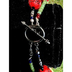 VTG Chinese Carved Cinnabar Jade Bowenite Beaded 2 Strand Statement Necklace