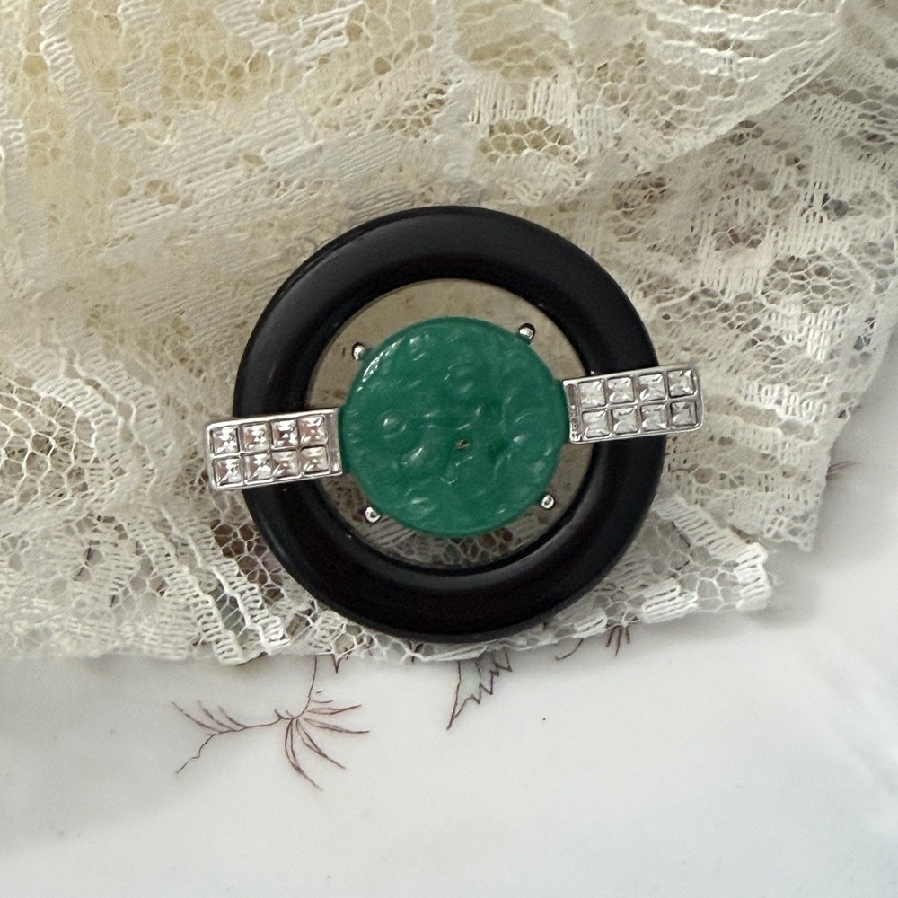 Kenneth J Lane KJL Carved Green Faux Jade Art Deco Style Rhinestone Brooch