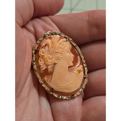 Vintage 800 Silver Carnelian Shell Cameo Brooch Pendant Marcasite Scalloped