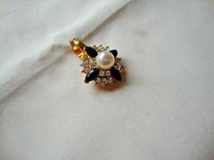 Vintage Fashion Jewelry Faux Pearl Black Marquise & Clear Rhinestone Pendant