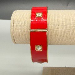 Vintage Clamper Bracelet Red Enamel Inset Rhinestones Gold Tone signed