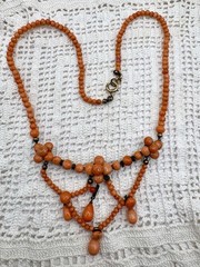 Antique Sterling Natural Mediterranean Salmon Coral Festoon Dangle Necklace 16”
