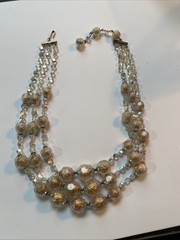 Vintage Mid-Century 3-Strand Beaded Gold Clear AB Acrylic Necklace 15 inch Japan