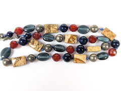 Vtg Natural Stone and Glass Silver Tone Hand Knotted Bead Necklace Blue Brown