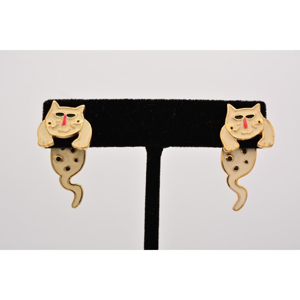 Vintage Cat Earrings Back Front Cool Off White Black Spotted Enamel 1990s BinH