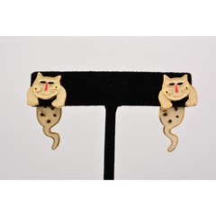 Vintage Cat Earrings Back Front Cool Off White Black Spotted Enamel 1990s BinH