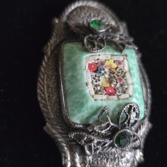 Antique Silver Tone Millefiori Micromosaic Brooch Pin Green Rhinestones Art Deco