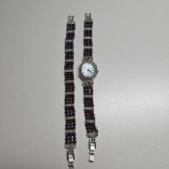 Vtg Silver Tone Marcasite W/ Garnet Beads Watch & Bracelet Set