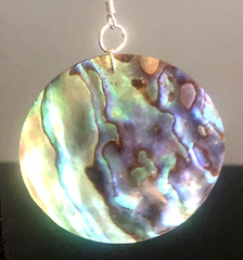 VTG Paua Abalone Shell Round DISK EARRINGS 2.25″ Peacock Blue Green 925 HOOKS