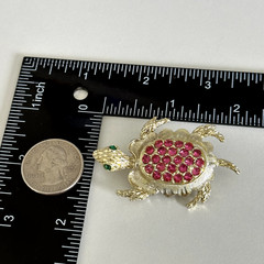 Vintage Pink Rhinestone Green Eyed Turtle Animal Gold Tone Brooch Pin