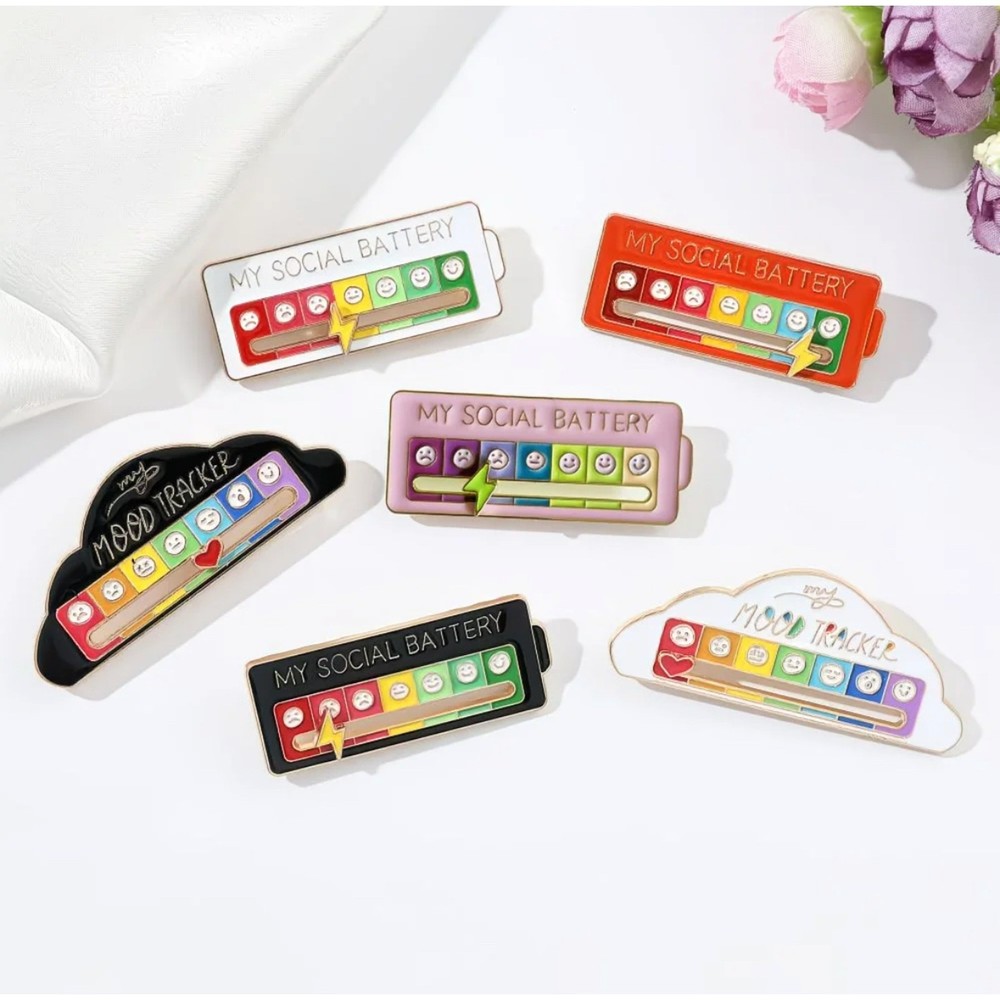 3X Sliding Social Battery Mood Tracker Enamel Pin Adjustable Energy Brooch