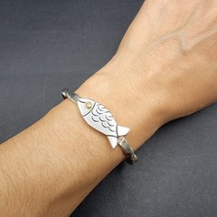 Vintage Taxco Mexico 925 Sterling Silver Fish Bangle Bracelet Twisted Cuff 21g