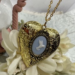 Gold Heart Locket Photo Birthday Anniversary Wedding Hummingbird Blue Necklace