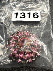 Vintage Rivoli Aurora Borealis Pink Rhinestone Brooch Pin Filigree Silver Tone