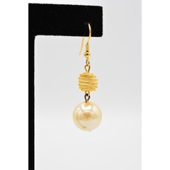 Vintage Pearl Drop Dangle Earrings Brushed Gold Beaded Ball Elegant 1980s BinU