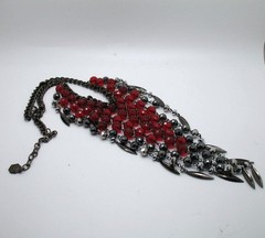 Vintage RJ Graziano red bead and gunmetal statement runway fringe necklace