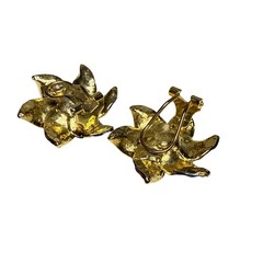 Vintage Blue Gold Flower Clip-On Earrings Rhinestone Center Statement Jewelry