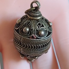 Vintage Ethnic Silver Filigree Orb Pendant Locket 1.5” Ornate Prayer Box Amulet