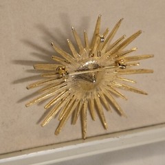 Vtg Starburst Goldtone Green Marble Plastic or Lucite Stone Star Brooch Pendant