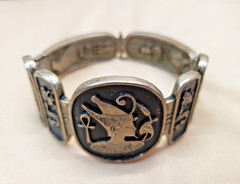 Vintage Egyptian 800 Silver Niello Storyteller Panel Hinged Bracelet