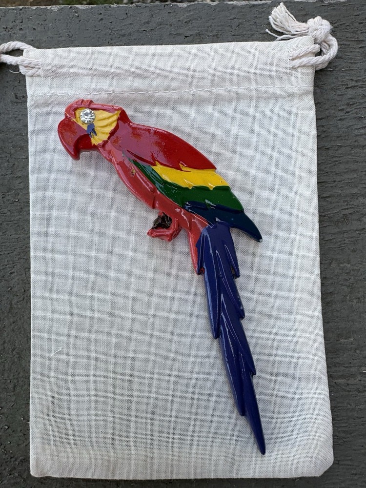 Vintage 1940s-1950s Celluloid Parrot Brooch • Large Colorful Painted Bird Pin