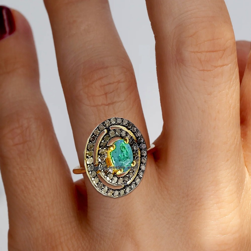 Stunning 1.03ctw Rose Cut Diamond Blue Topaz Studded Silver Vintage Ring Jewelry