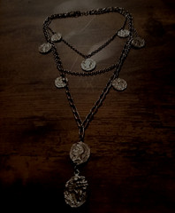 vintage silvertone coins necklace layered 1960s