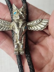 Vintage Bolo Tie Eagle Thunderbird Turquoise Silver Tone Black Enamel Design