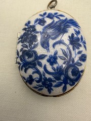 Vintage Blue Bird Locket Floral Delft Revival Pendant Silver Tone c. 1940