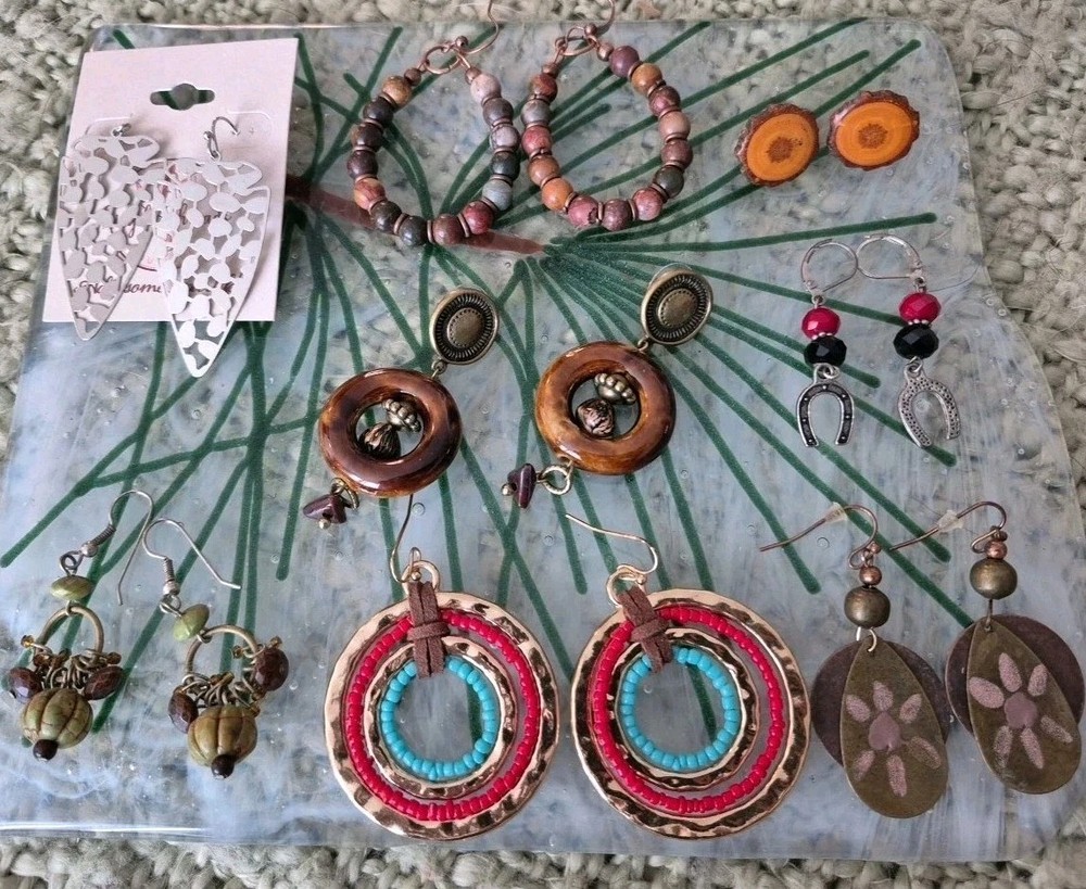 Mixed Earring Lot Of 8 Pairs Metal, Wood, Beads Stone 1 Clip on Some New