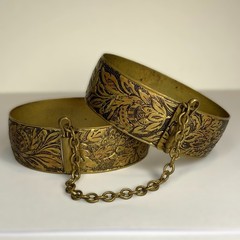 Vintage Brass Handcuff Double Bangle Bracelets Engraved With Floral Motif