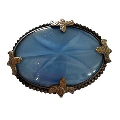 Vintage Germany Blue Marble Glass Cabochon Brass Brooch Pin Old