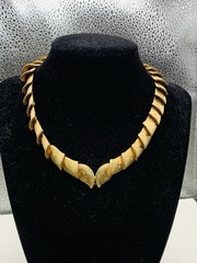 Vintage Brushed Gold Tone Leaf Snake Link Collar Bib Greek Goddess 16” Necklace