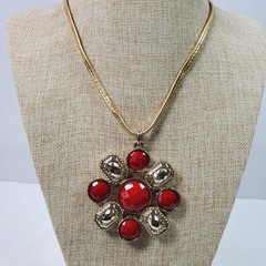 Classy Career Statement Pendant Necklace Red Gold Tone on Rope