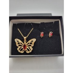 Garnet Butterfly Pendant Necklace Stud Earrings Set Goldtone Crystal Rhinestones