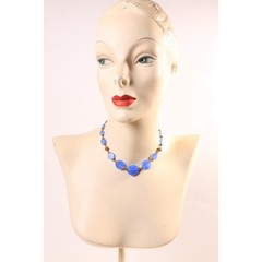 1940s 1950s Purple Blue Circle Disc Glass and Brass Metal Beaded Necklace