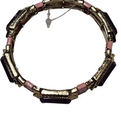 Art Deco Purple Pink Resin Stones Gold Tone Stretch Bracelet Modern Fashion