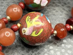 VTG Bird Butterfly Asian Cloisonne Carnelian Bead Hand Knotted Necklace 28”