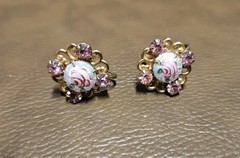 Vintage Pink White Roses Flowers Rhinestone Gold Color Pin Screw Earrings Estate