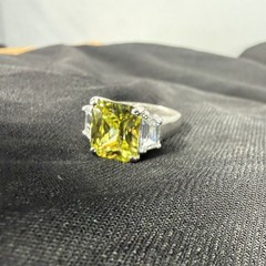 Vtg Y2K 925 Silver Emerald Cut Ring Sz 6.25 CZ Trilogy Yellow Stone Glam