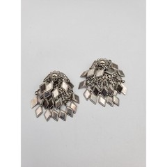 Silver tone diamond shape metal clip on dangle drop earrings 1 3/4″