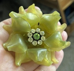 Vtg Frosted Green Soft Molded Plastic Rhinestone Flower Brooch SilverTone