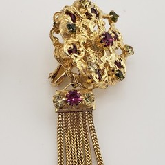 1950s Earrings Chain Tassel Filigree Gold Tone Pink Green Rhinestones Retro Glam