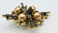 Gold Tone Faux Pearls & Multicolor Rhinestones Brooch Contemporary