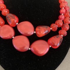 Vintage Necklace Red Chunky Silver Tone Beaded Statement Layered Chain Y2K Glam