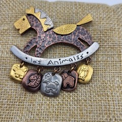 Vintage Mixed Metal Rocking Horse Los Animales Charm Pin Brooch LC Liz Claiborne